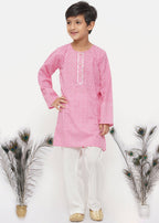 Little Bansi Boys Cotton Jaipuri Kurta with Pearl Buttons & Pyjama -Pink & Cream | Grocsy