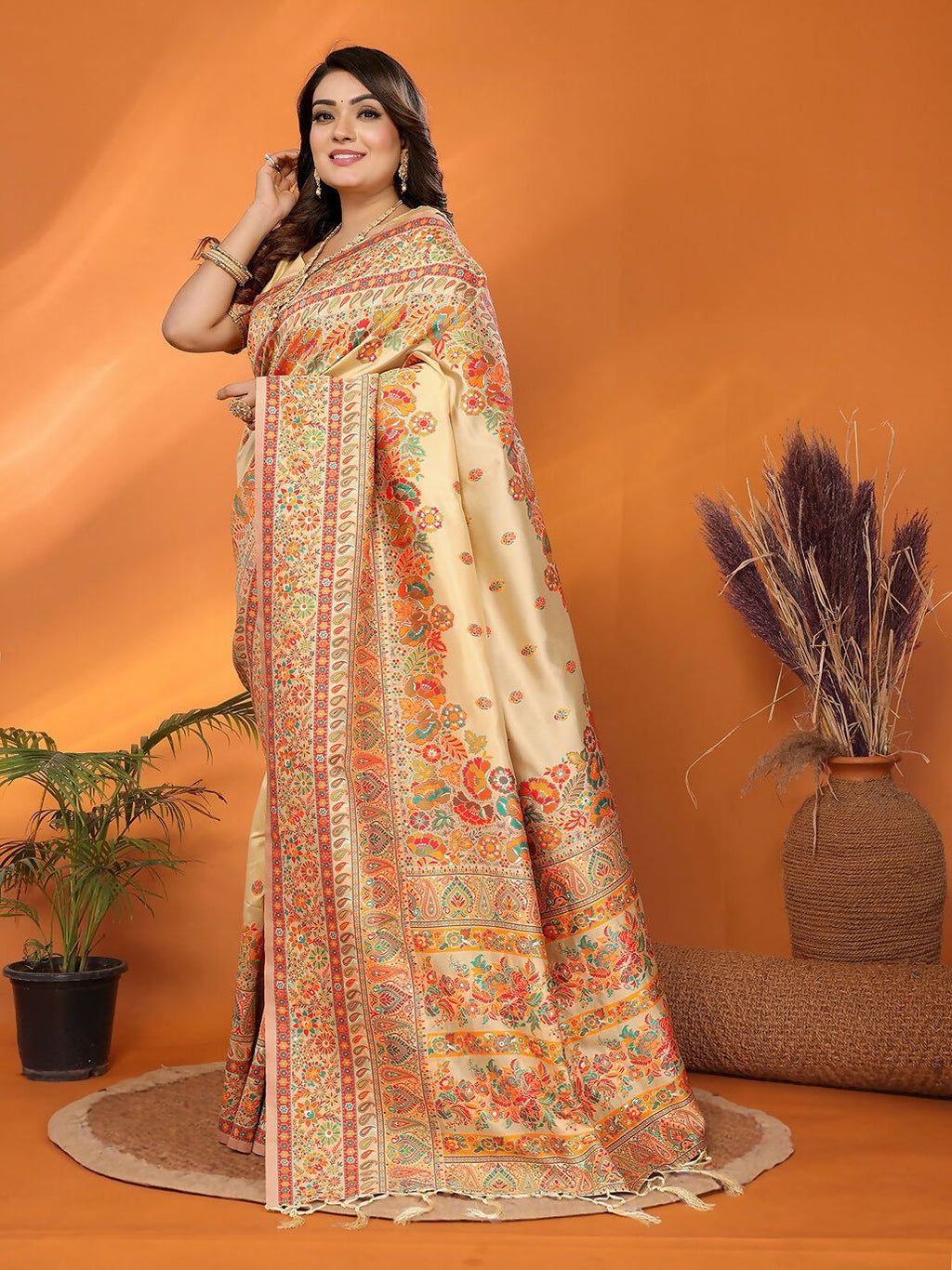 Joban Fashion Beige Meena Weaves Pashmina Sarees | Grocsy