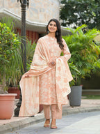Juniper Women's Brown Floral Printed Cotton Kurta Set With Buttons | Grocsy