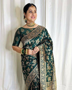 DEIANA'S Beautiful Designer Golden zari Soft Lichi Silk Saree - Teal | Grocsy