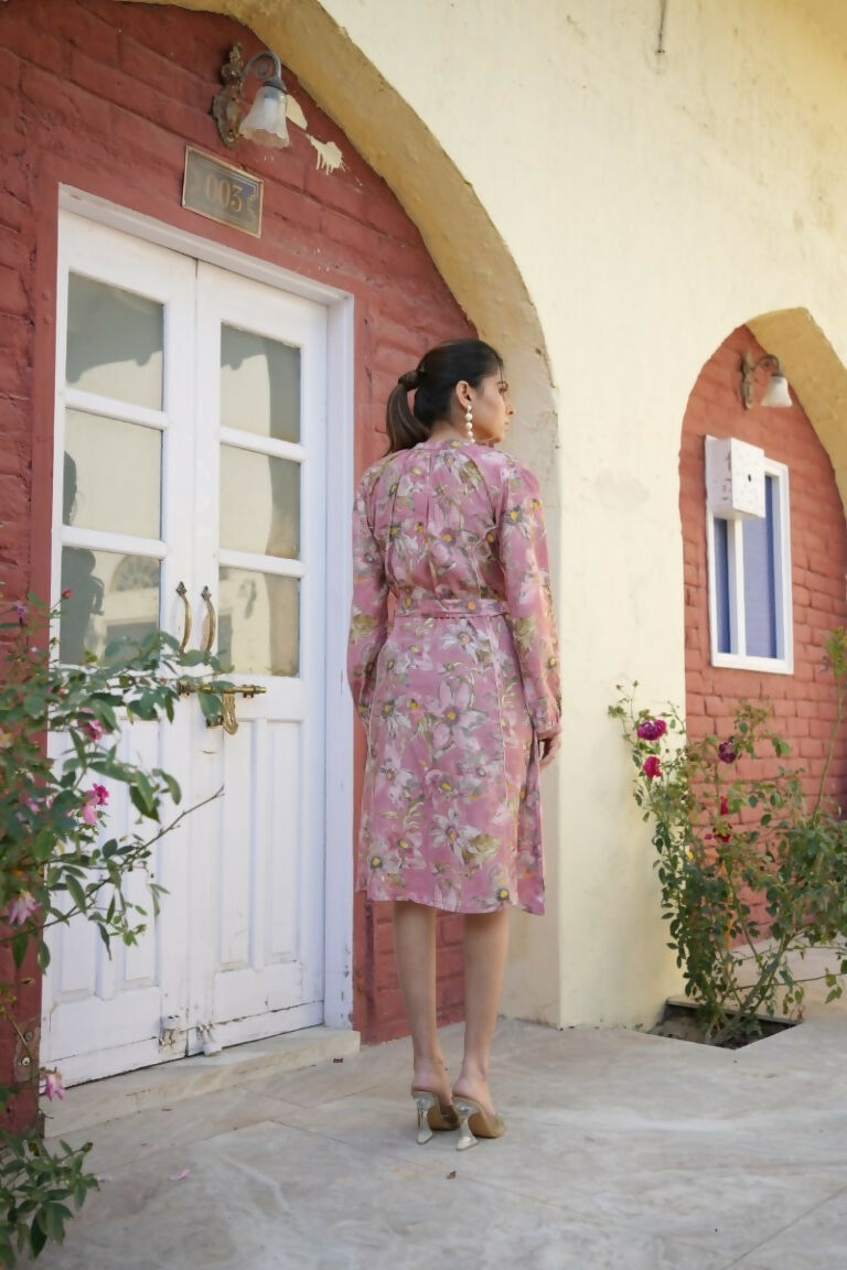Vaasva Women Pink Muslin Floral Printed Knee Length Dress | Grocsy