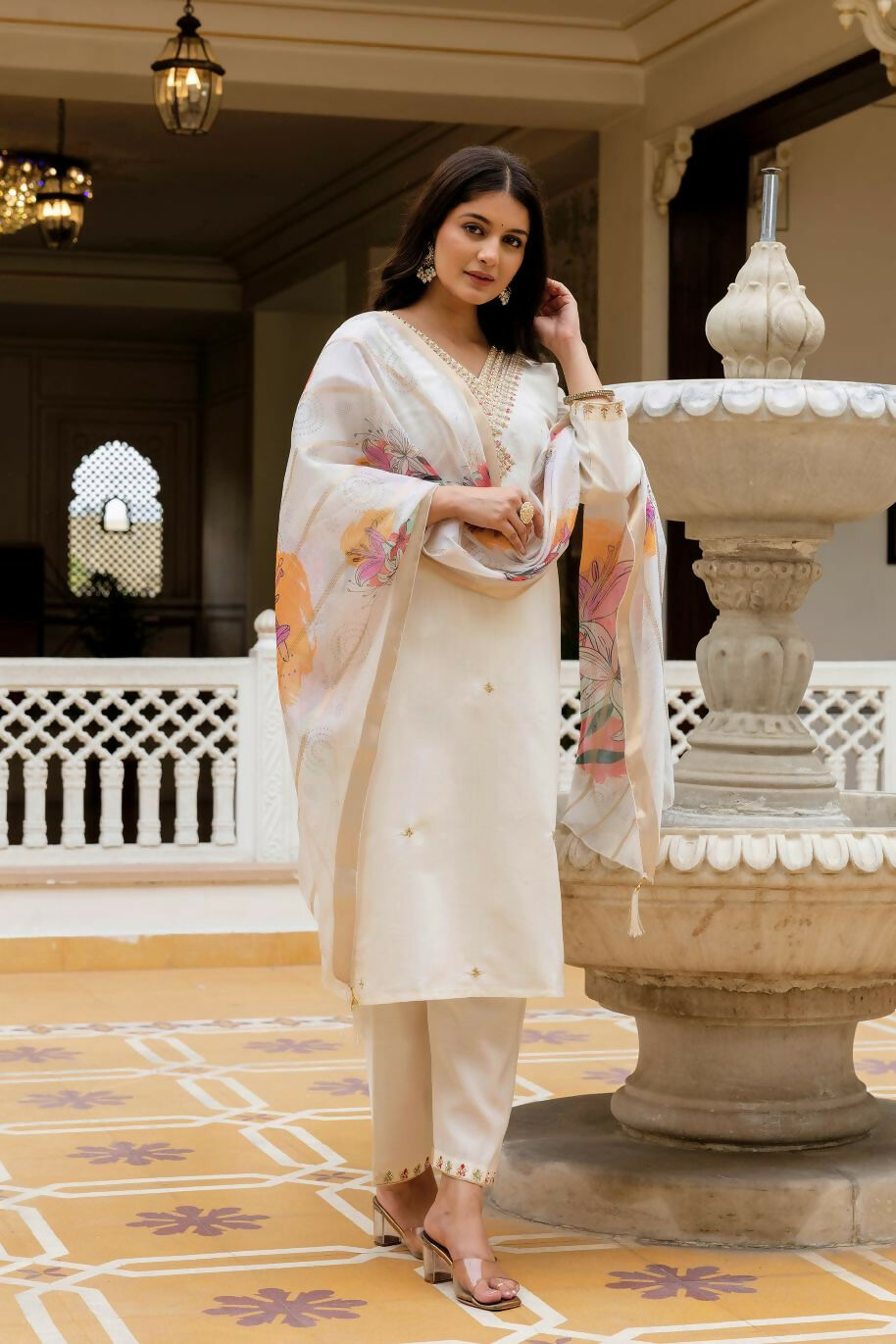The52 White Women's Beautiful Viscose Chanderi Fabric Embroidered Work Straight Kurta Pant and Dupatta Set | Grocsy