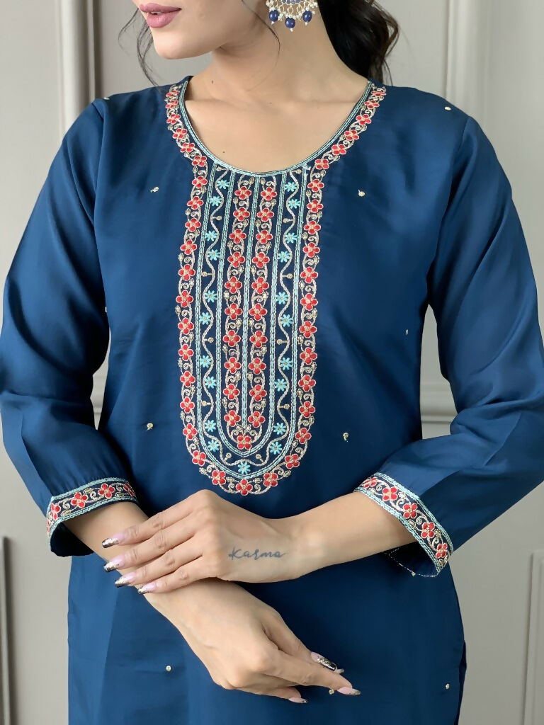 Blue Viscose Chanderi Stitched Suit With Dupatta - Tanisha | Grocsy