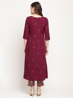 Ahalyaa Women's Wine Crepe Gold Glitter Print Kurta Trouser Set | Grocsy