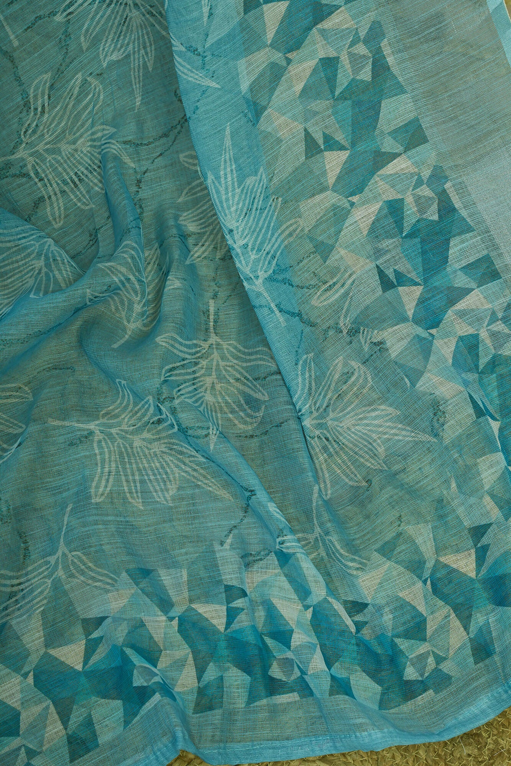 Vastranavya Sky Blue Digital Printed Linen Ready To Wear Designer Saree with Unstitched Blouse | Grocsy