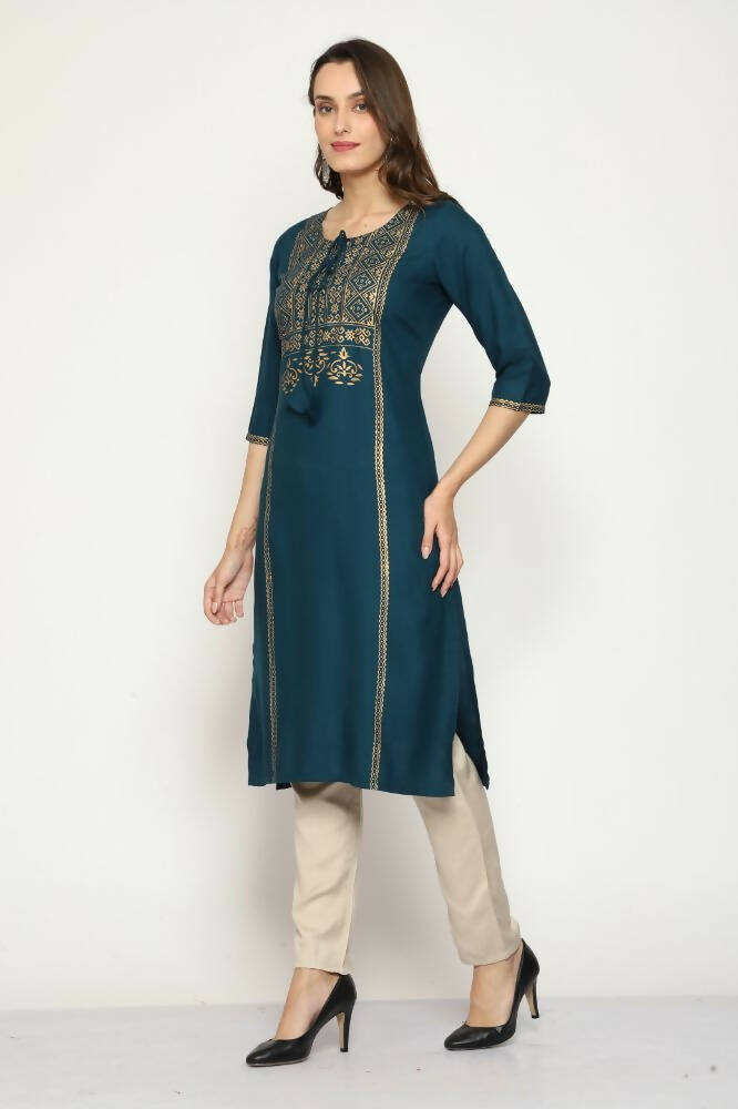 Maai Rayon Hand Printed Kurta Navy | Grocsy