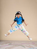 Snakes and Ladders Girls Blue Shirt and Multi Color Snake Print Pant Set from Siblings Collection | Grocsy