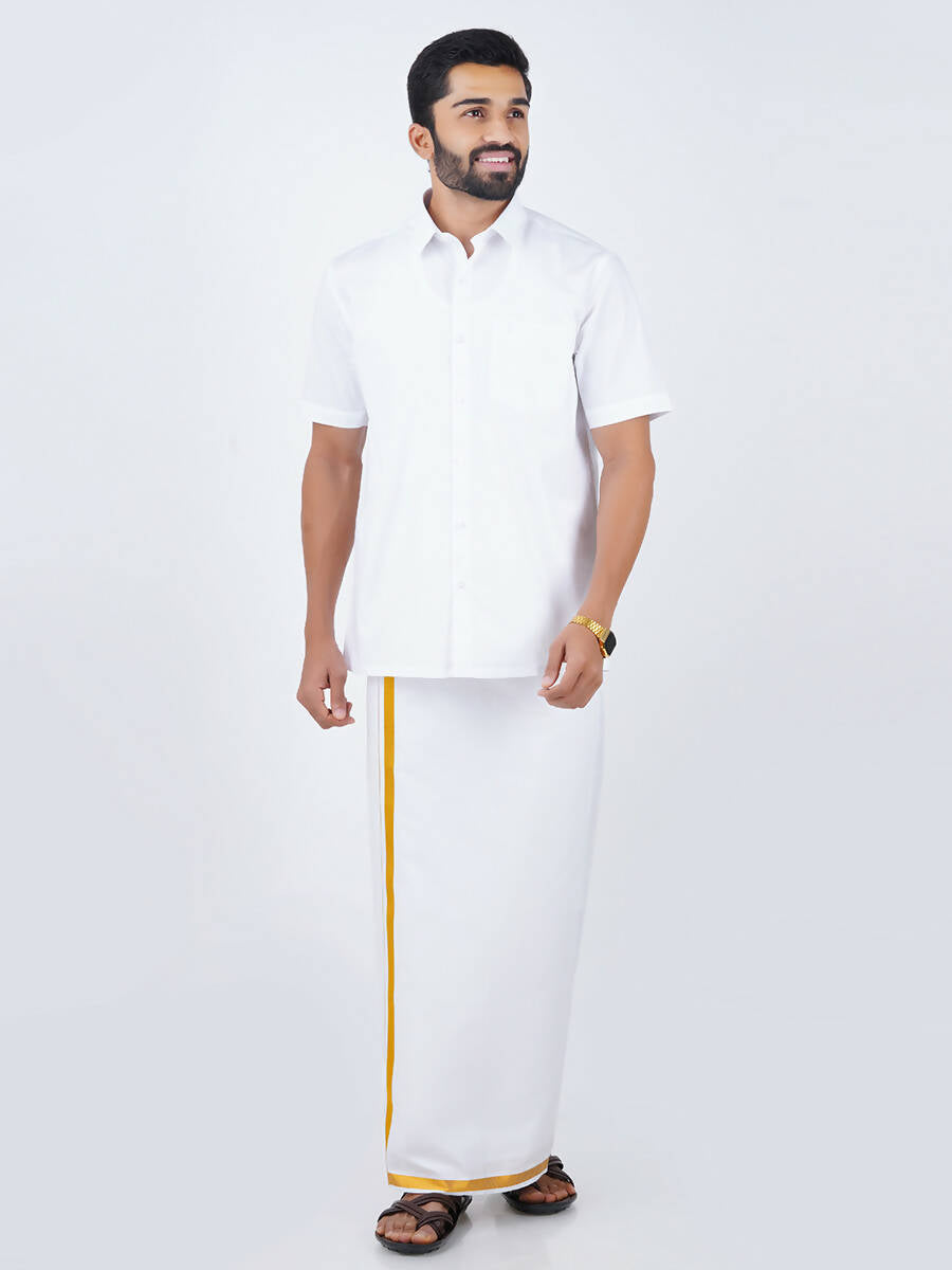 Ramraj Cotton Mens Pure Cotton 1/2 Inch Gold Jari Dhoti - White | Grocsy