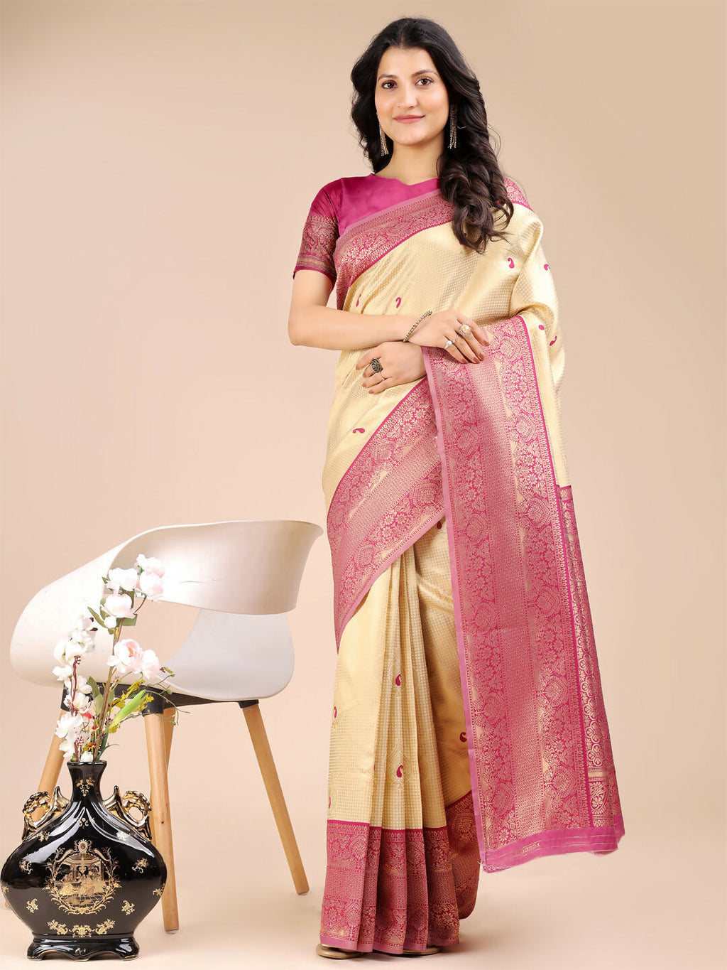 Shree Shyam Fashion Aura Silk Cream Magenta Banarasi Silk Saree | Grocsy