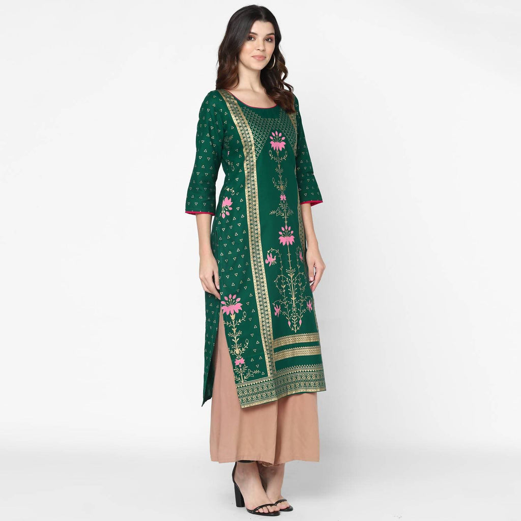 Cheera Hand Block Print Green & Skin Color Straight Kurta With Palazzo (MAAI-089K) | Grocsy