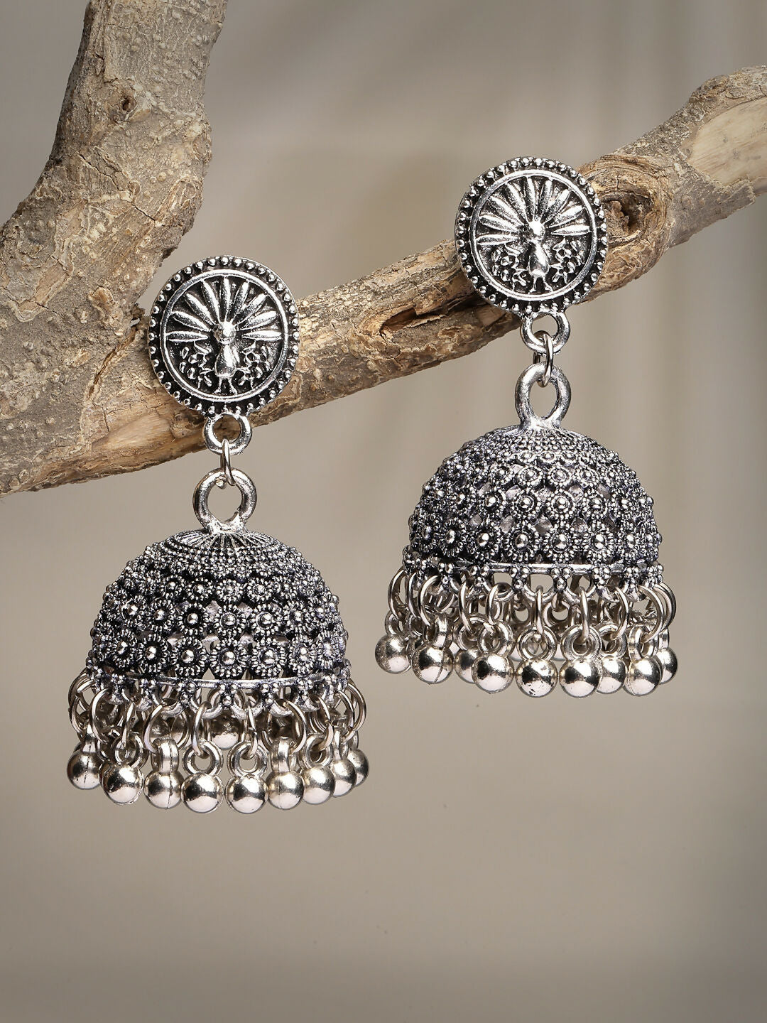 NVR Women's Silver-Toned German Silver Oxidised Dome Shaped Jhumka Earrings | Grocsy