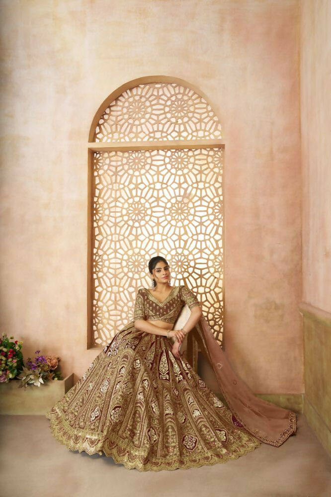Kesar Fab Coffee Banarasi Silk Embroidered Lehenga | Grocsy