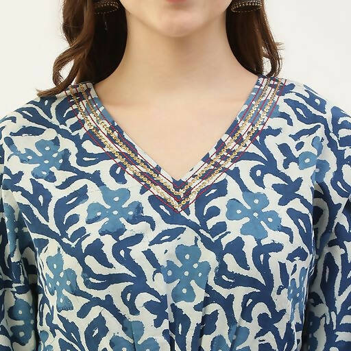 FIORRA Women's Printed Pure Cotton Kaftan Kurta - Blue | Grocsy