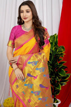 Jyoti Fashion Women's Yellow Paithani Silk Zari Woven Saree with Blouse | Grocsy