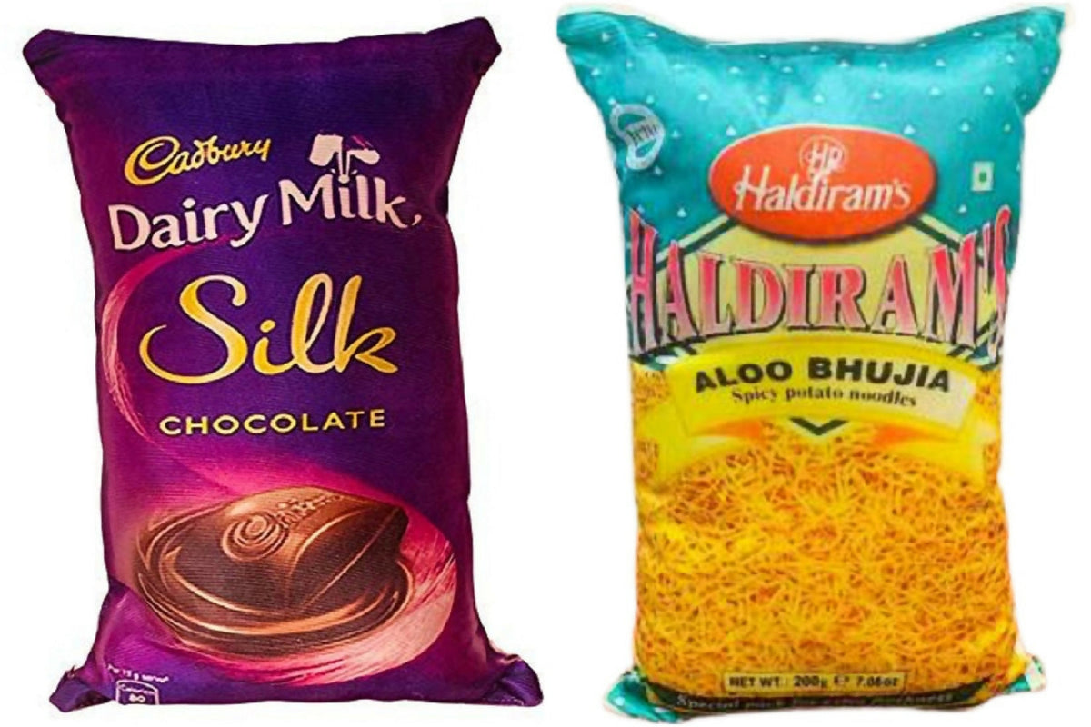 Unique Fashion Pack of 2 Microfibre Filled Reversible Cushion For Kids - Dairy Milk Silk And Haldiram | Grocsy