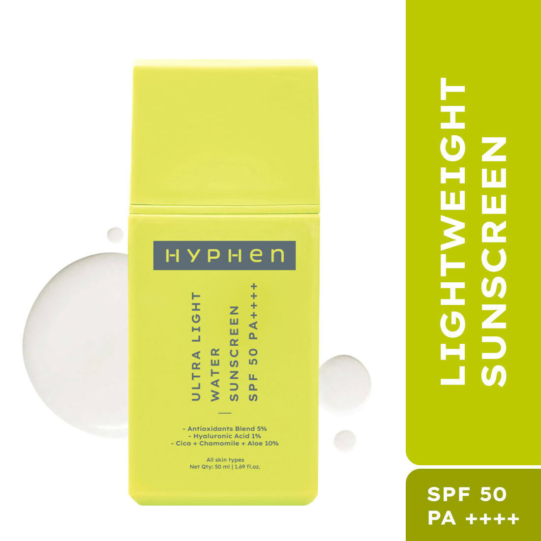 Hyphen By Kriti Sanon Ultra Light Water Sunscreen SPF 50 PA++++ UVA-UVB & Blue Light Protection, No White Cast, For Men & Women | Grocsy