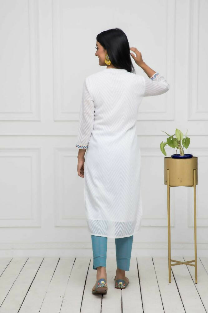 Myshka Women Solid Georgette Straight V-Neck White Kurtas | Grocsy