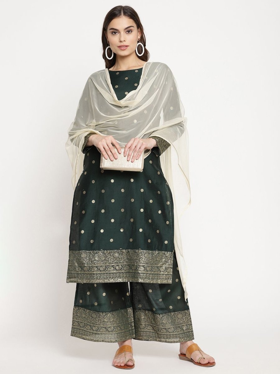 Ahalyaa Dark Green Gold Print Kurta Palazzo Set With Dupatta | Grocsy