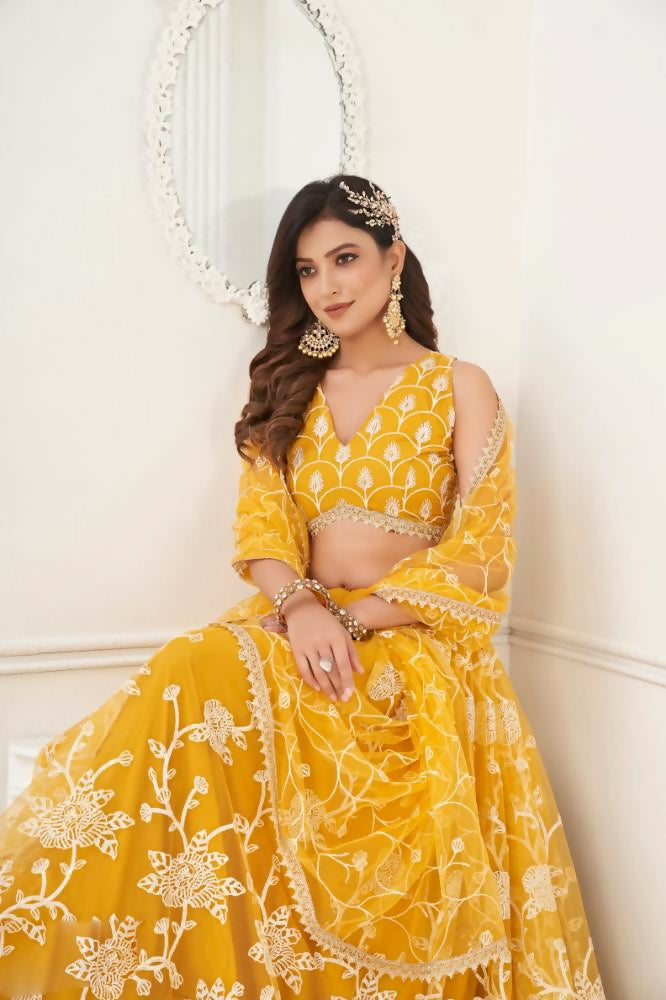 Aastha Fashion Mustard Yellow Butterfly Net White Cotton Thread Work And Sequence Work Embroidery Wedding Wear Lehenga Choli | Grocsy