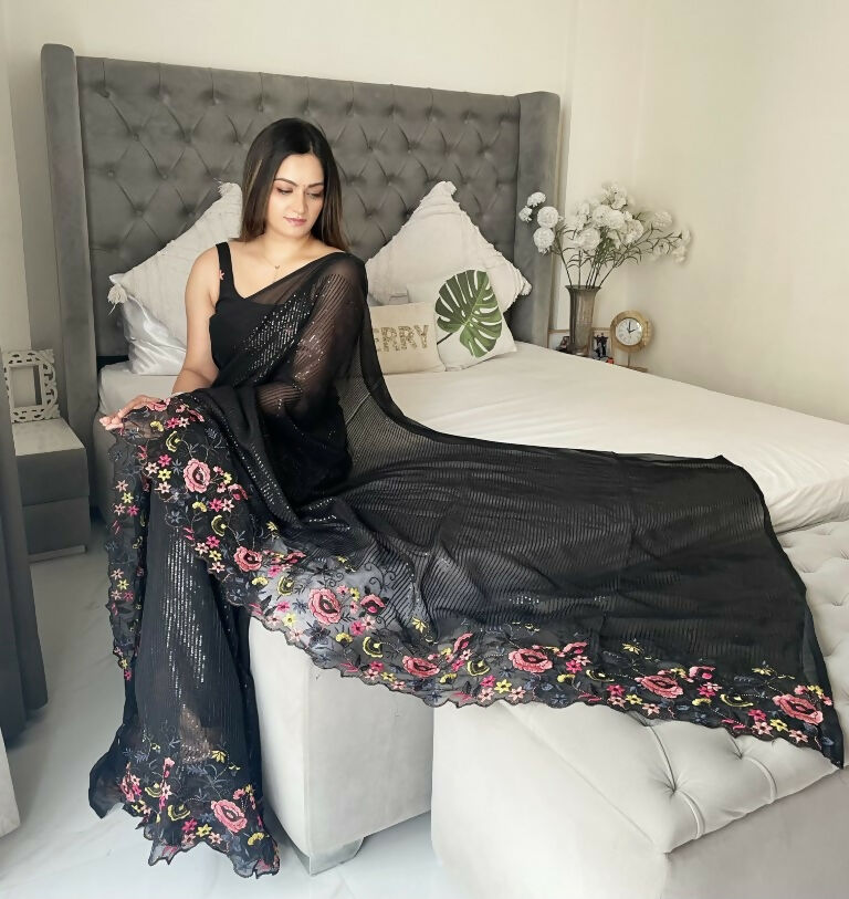 Black Shimmer Silk Multi Thread Sequence Embroidery Work Saree - Kashta | Grocsy