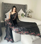 Black Shimmer Silk Multi Thread Sequence Embroidery Work Saree - Kashta | Grocsy