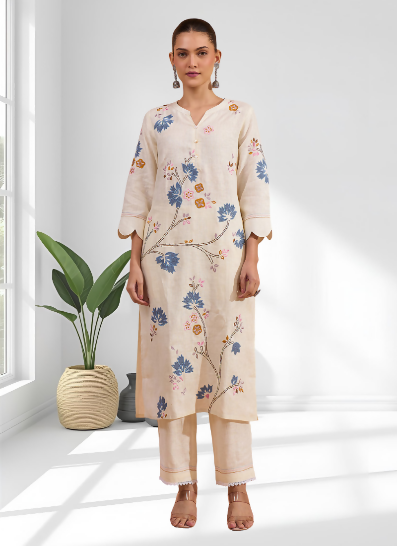 Joban Fashion Cream Linen Embroidered Readymade Long Kurta With Pant | Grocsy