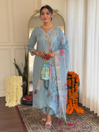 The52 Embroidered Roman Silk Fabric Straight Kurta, Pant and Dupatta Set | Grocsy