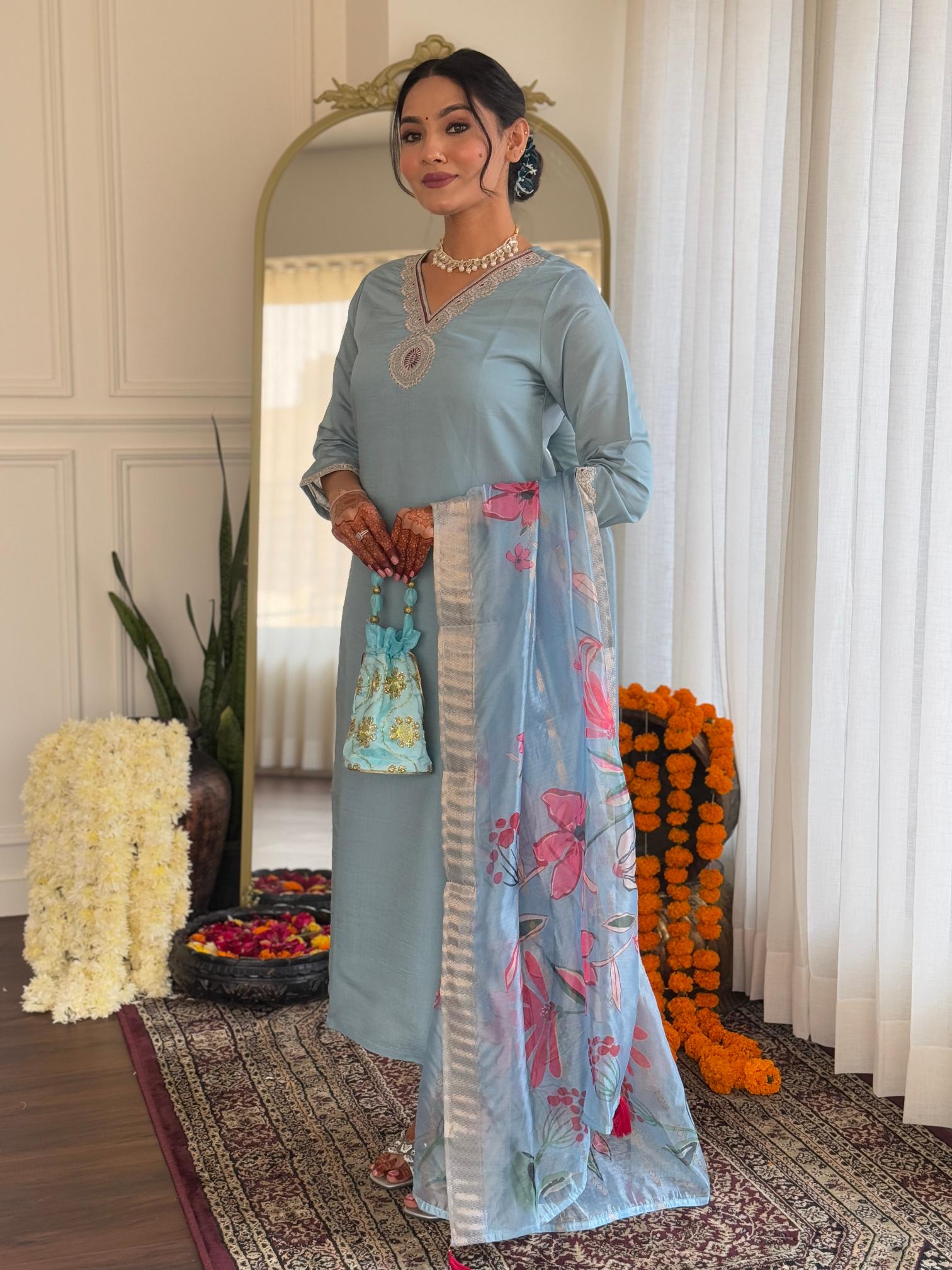 The52 Embroidered Roman Silk Fabric Straight Kurta, Pant and Dupatta Set | Grocsy