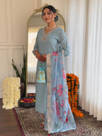 The52 Embroidered Roman Silk Fabric Straight Kurta, Pant and Dupatta Set | Grocsy