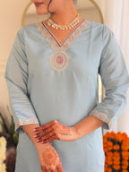 The52 Embroidered Roman Silk Fabric Straight Kurta, Pant and Dupatta Set | Grocsy