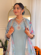 The52 Embroidered Roman Silk Fabric Straight Kurta, Pant and Dupatta Set | Grocsy