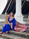 Mameraa Sarees Blue Faux Banarasi Silk Saree With Paithani Rich Weaved Pallu And Blouse-Blue | Grocsy