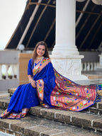 Mameraa Sarees Blue Faux Banarasi Silk Saree With Paithani Rich Weaved Pallu And Blouse-Blue | Grocsy