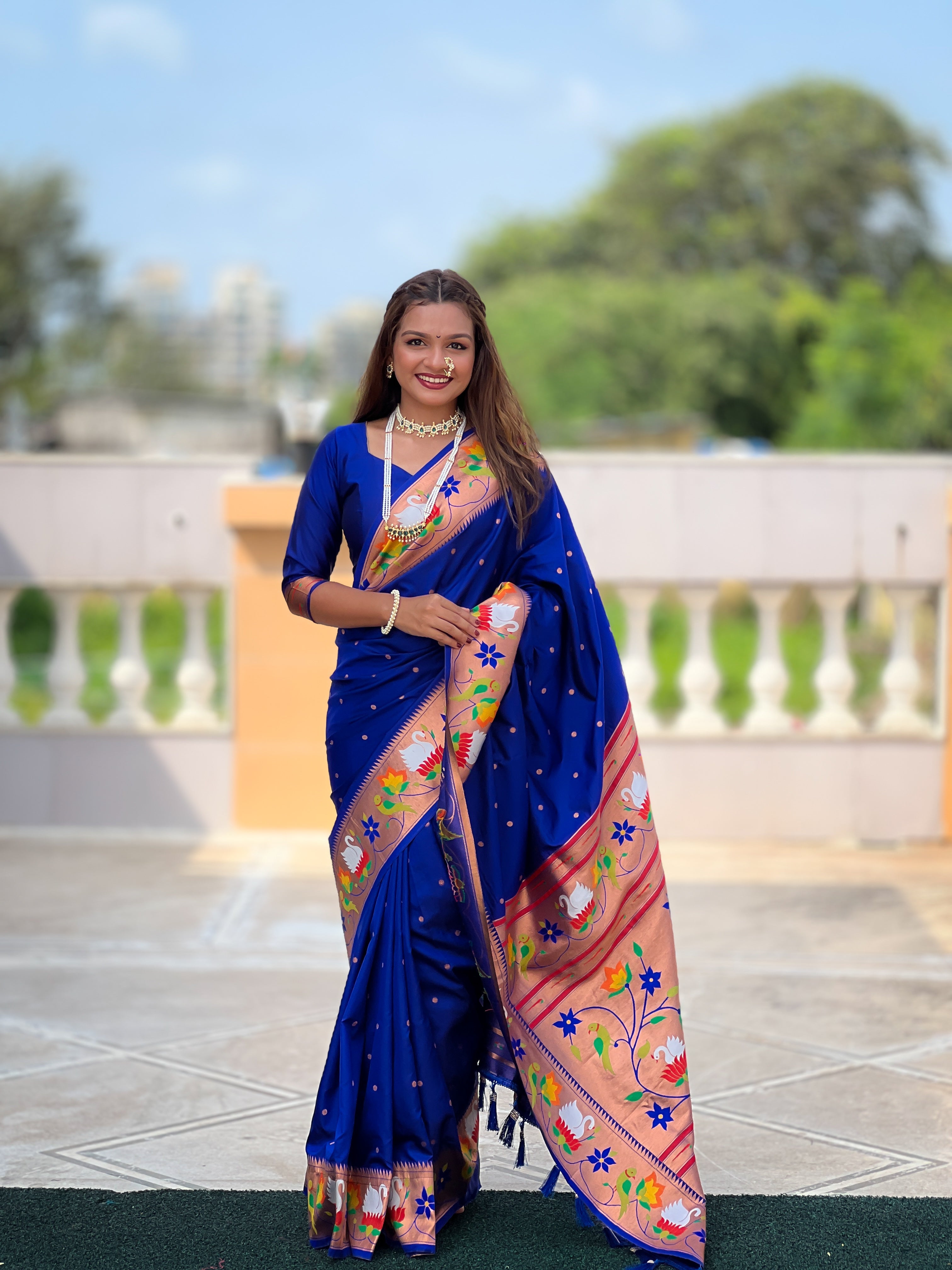 Mameraa Sarees Blue Faux Banarasi Silk Saree With Paithani Rich Weaved Pallu And Blouse-Blue | Grocsy