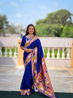 Mameraa Sarees Blue Faux Banarasi Silk Saree With Paithani Rich Weaved Pallu And Blouse-Blue | Grocsy