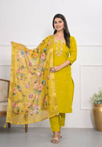 Yellow Viscose Silk Embroidery with Thread and sequence Stitched Suit With Dupatta - Tanisha | Grocsy