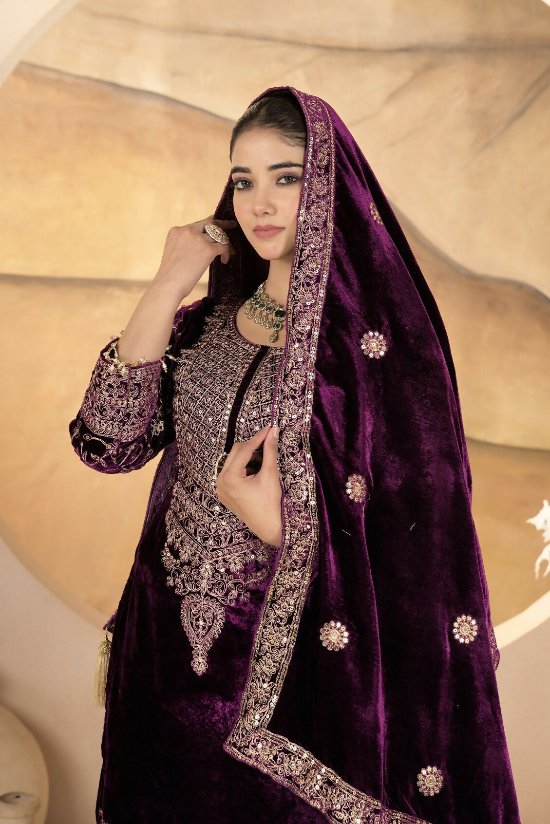 Joban Fashion Wine Velvet Sequence Embroidery Work Kurta Set | Grocsy