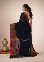 Joban Fashion Dark Blue Cotton Blend Handloom Saree | Grocsy