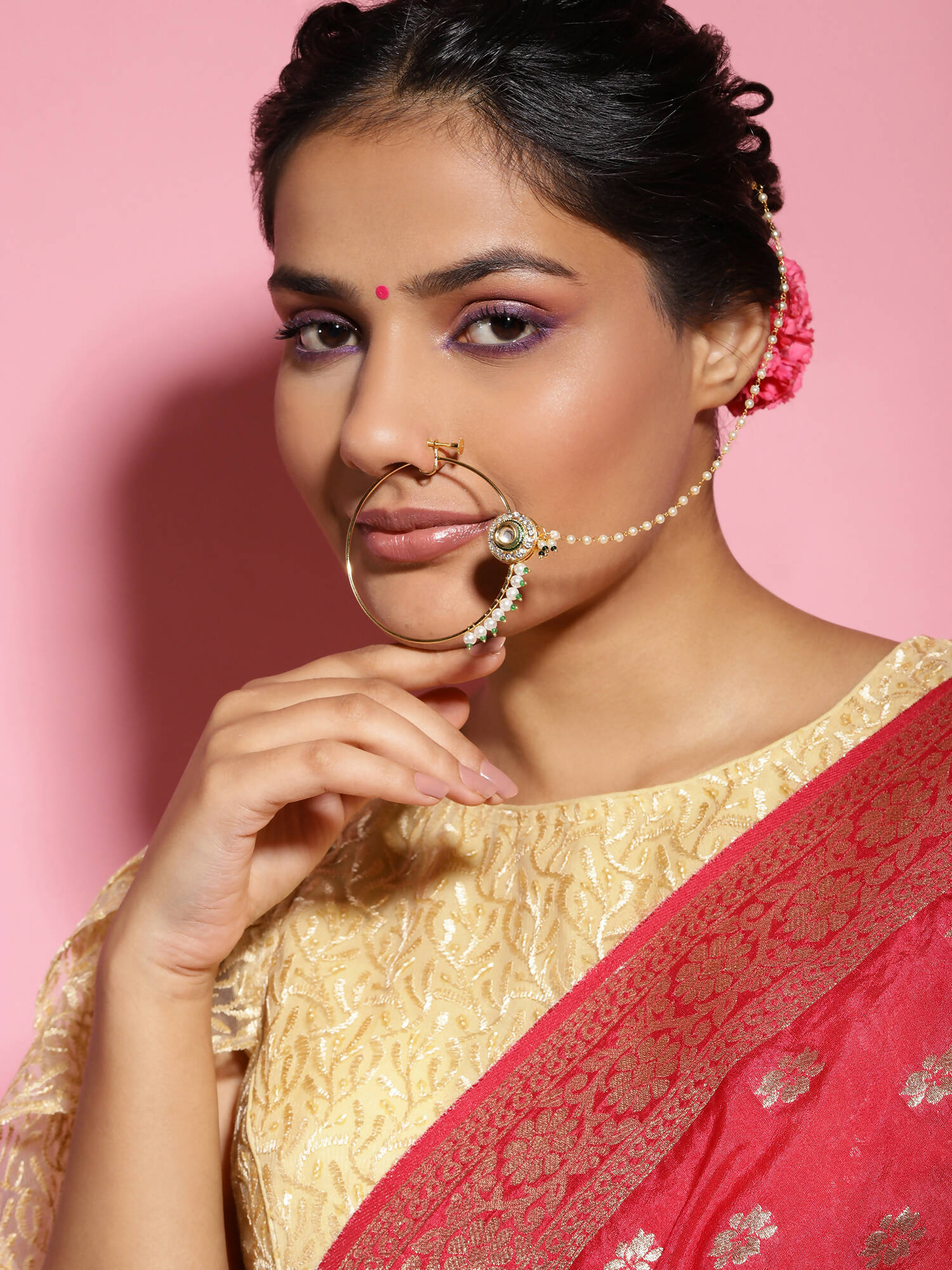 Gold-Polished White Green Kundan-Studded Pearl Beaded Nosepin - Ruby Raang | Grocsy