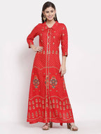 Myshka Women's Red Cotton Printed 3/4 Sleeve Collar Neck Casual Anarkali Kurta | Grocsy