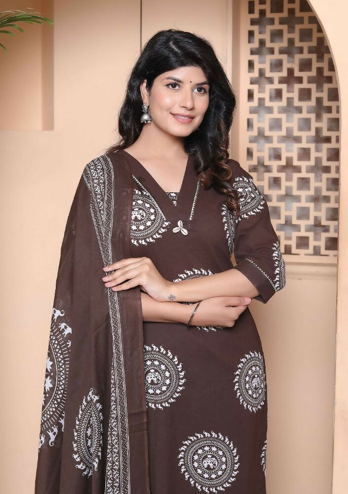 Miravan Womens Animal Print Cotton Brown Stitched Kurta Palazzo With Dupatta Set | Grocsy