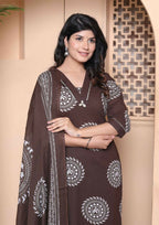 Miravan Womens Animal Print Cotton Brown Stitched Kurta Palazzo With Dupatta Set | Grocsy
