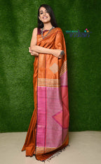 Very Much Indian Handwoven Raw Silk Dupion Saree - Orange With Pink Pallu | Grocsy