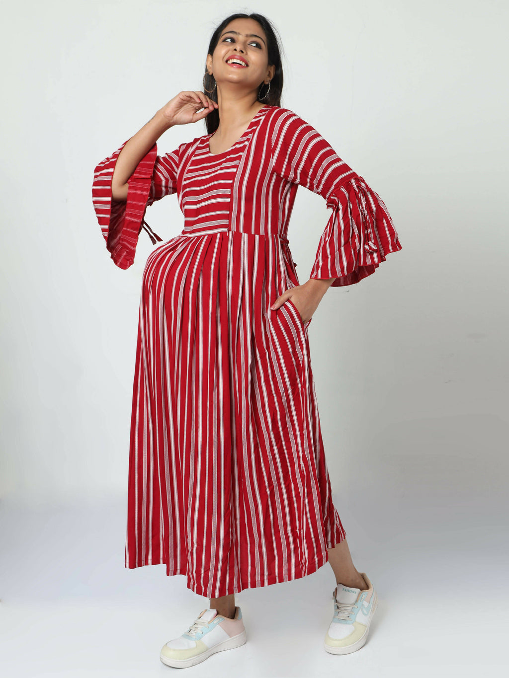 Manet Three Fourth Maternity Dress With Concealed Zipper Nursing Access - Red | Grocsy