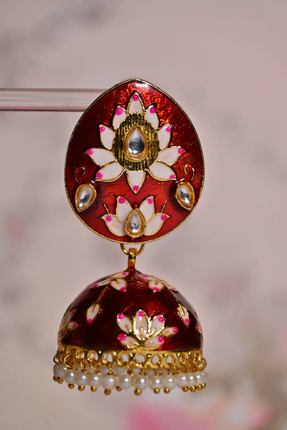 Maroon Hand Painted Ethnic Meenakari Jhumki Earrings By House of Ree - Swadesiicart