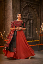 Orange Cotton Thread Embroidered Navratri Lehenga Choli with Dupatta - Raas | Grocsy