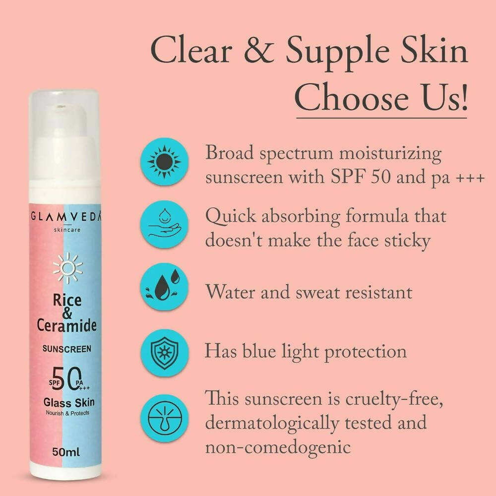 Glamveda Korean Glass Skin Rice & Ceramide Dewy Sunscreen Spf 50 Pa+++ | Grocsy