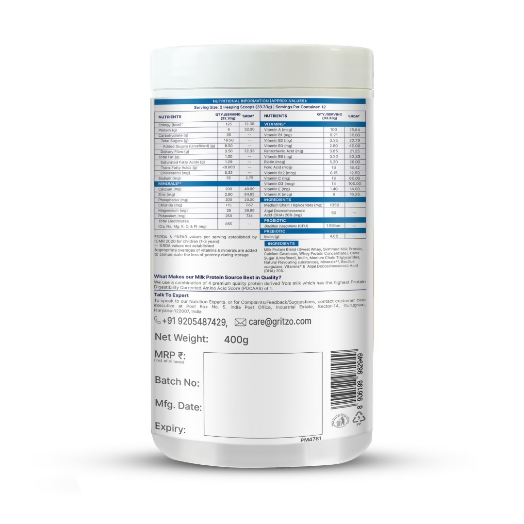 Gritzo SuperMilk Weight+ (2-6y Boy & Girl), 4g Protein Powder - Creamy Vanilla | Grocsy