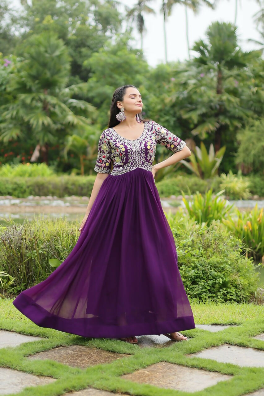 Vastranavya Faux Blooming with Embroidery Zari Sequins-work Gown - Purple | Grocsy