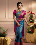 DEIANA'S Beautiful Designer Golden zari Soft Lichi Silk Saree - Blue | Grocsy